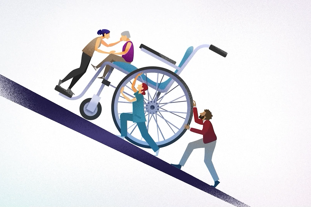 Mehrere Personen schieben gemeinsam einen überdimensional dargestellten Rollstuhl, in welchem eine Person sitzt.